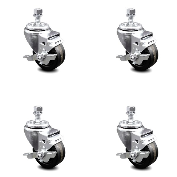 3 Inch Phenolic Wheel Swivel 1/2 Inch Threaded Stem Caster Set with Brake SCC